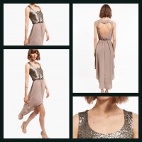 Vestido beige/gris talla L. Corto por delante. Lentejuelas. Espalda corazón