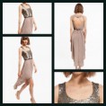 Vestido beige/gris talla L. Corto por delante. Lentejuelas. Espalda corazón